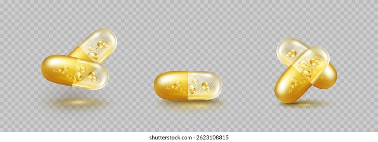 Cápsula de óleo de ouro isolada sobre fundo transparente. Pílulas douradas de vitamina ou modelo ômega 3. Vetor 3d soro colágeno essência