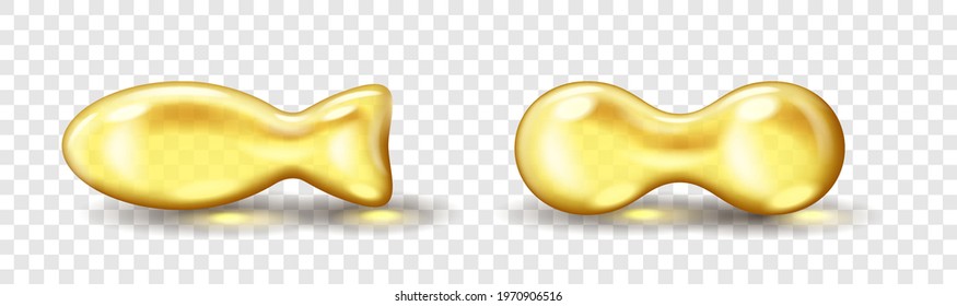 Oil gold capsules bubble isolated on transparent background. Cosmetic capsule of omega 3 oil. Realistic golden gel pill template. Serum droplet of collagen. 3d vector illustration