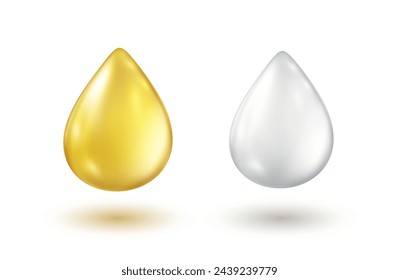 Oil gold and cream drops isolated on white background. Cosmetic spa serum bubble of vitamin E. Vector golden gel, honey or milk droplets elements design