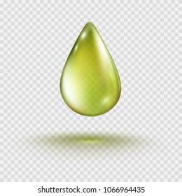 Oil gold drop isolated on transparent background. Cosmetic spa olive oil bubble. Golden gel template. Vector realistic green serum droplet of drug for your advertising design.