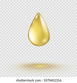 Oil gold drop isolated on transparent background. Cosmetic spa serum bubble of vitamin E or argan oil. Golden gel template. Vector realistic fresh juice fruit droplet for your advertising design.