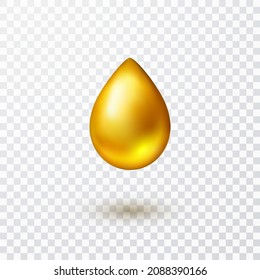Oil gold drop isolated on transparent background. Cosmetic serum bubble of vitamin E. Vector golden liquid gel, syrup, honey or olive droplet icon