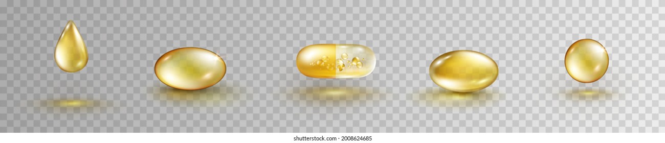 Oil gold elements isolated on transparent background. Cosmetic capsule set of vitamin E, A or omega 3. Golden antibiotic gel pill icon template. Vector realistic serum droplet of collagen essence