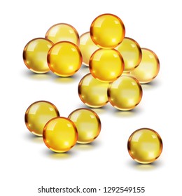 Oil gold glass ball isolated in vector on white background. Cosmetic pill capsule of vitamin E, A, Argan oil, Almond, cod liver, Omega 3, fish. Golden bubble template. Realistic 3d.