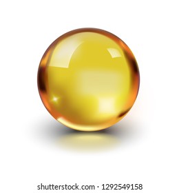 Oil gold glass ball isolated in vector on white background. Cosmetic pill capsule of vitamin E, A, Argan oil, Almond, cod liver, Omega 3, fish. Golden bubble template. Realistic 3d.