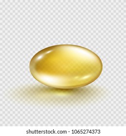 Oil gold oval bubble isolated on transparent background. Cosmetic capsule of vitamin E, A or omega 3 oil. Golden antibiotic gel pill icon template. Vector realistic serum droplet of collagen essence.