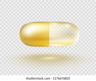 Oil gold oval bubble isolated on transparent background. Cosmetic capsule of vitamin E, A or omega 3 oil. Yellow antibiotic gel pill icon template. Vector realistic serum droplet of collagen essence.