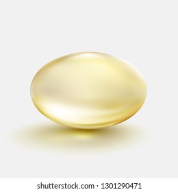 Burbuja ovalada de oro de petróleo aislada en fondo gris. Cápsula cosmética de vitamina E, A o aceite omega 3 de pescado. Plantilla de icono de la píldora de gel antibiótico dorado. Gotas séricas vectoriales realistas de esencia de colágeno.