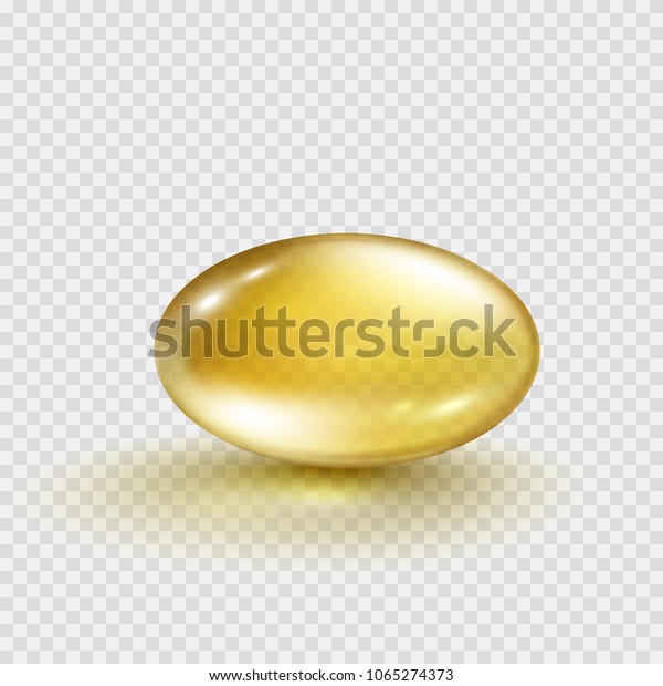 Oil gold oval bubble isolated on transparent\
background. Cosmetic capsule of vitamin E, A or omega 3 oil. Golden\
antibiotic gel pill icon template. Vector realistic serum droplet\
of collagen essence.