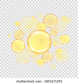 Oil golden bubbles isolated on transparent background. Realistic gold collagen balls. Oily vitamin serum droplets. Cosmetic essential beauty drink. Vector illustration of olive blend emulsion