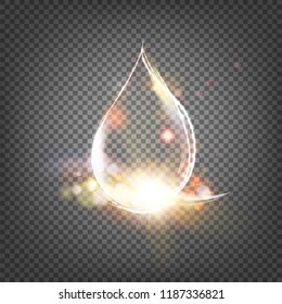 Oil golden drops with sun ray spaks isolated on black tranparent backgtound. Vector illustration contains transparencies, gradients and effects.