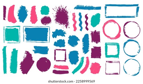 Oil grunge brushstroke mega collection. Hand drawn border box stylish elements. Drip splash web label imprint set. Brushstroke oil stains drawing.