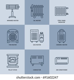 Oil heater, convector, panel column radiator and other house heating appliances line icons. Home warming thin linear pictogram. Equipment store signs.