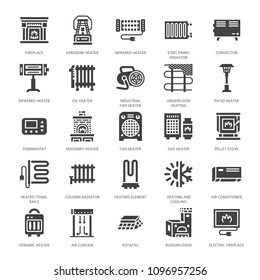 Oil heater, fireplace, convector, panel column radiator and other house heating appliances glyph icons. Home warming pictogram. Equipment store signs. Solid silhouette pixel perfect 64x64.