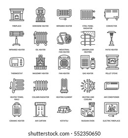 Oil heater, fireplace, convector, panel column radiator and other house heating appliances line icons. Home warming thin linear pictogram such as kotatsu, Russian oven. Equipment store signs