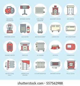 Oil heater, fireplace, convector, panel column radiator and other house heating appliances line icons. Home warming thin linear pictogram such as kotatsu, Russian oven. Equipment store signs