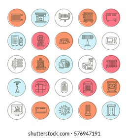 Oil heater, fireplace, convector, panel column radiator and other house heating appliances line icons. Home warming thin linear pictogram such as kotatsu, Russian oven. Equipment store signs