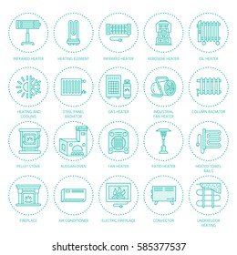 Oil heater, fireplace, convector, panel column radiator and other house heating appliances line icons. Home warming thin linear pictogram such as kotatsu, Russian oven. Equipment store signs.