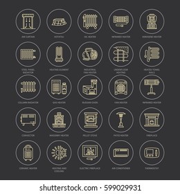 Oil heater, fireplace, convector, panel column radiator and other house heating appliances line icons. Home warming thin linear pictogram such as kotatsu, Russian oven. Equipment store signs