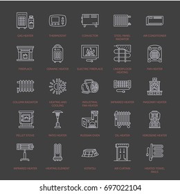 Oil heater, fireplace, convector, panel column radiator and other house heating appliances line icons. Home warming thin linear pictogram such as kotatsu, Russian oven. Equipment store signs.