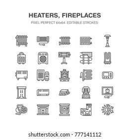 Aceite calefactor, chimenea, convector, radiador de columna de panel y otros aparatos de calefacción de casa iconos de línea. Pictograma lineal delgado que calienta el hogar. Carteles de almacén de equipos. Pixel perfecto 64x64.