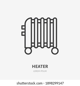 Oil heater flat line icon. Vector outline illustration of domestic heater. Black color thin linear sign for interior portable thermostat.