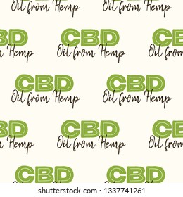 Oil from hemp logo seamless pattern. CBD, cannabis, hemp oil. Background for decoration medical article on CBD, hemp oil theme.