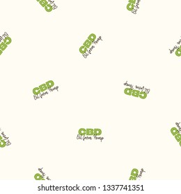 Oil from hemp logo seamless pattern. CBD, cannabis, hemp oil. Background for decoration medical article on CBD, hemp oil theme.