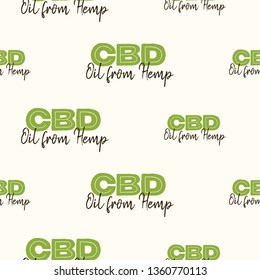 Oil from hemp logo seamless pattern. CBD, cannabis, hemp oil. Background for decoration medical article on CBD, hemp oil theme.