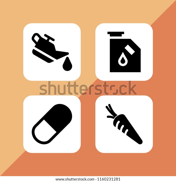 oil icon. 4 oil set with\
salad, capsule, car oil and diesel vector icons for web and mobile\
app