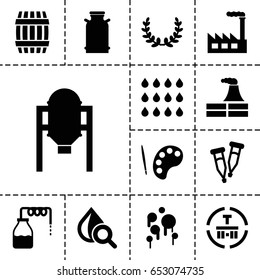 Oil icon. set of 13 filled oilicons such as canister, tank, barrel, factory, drop under magnifier, cargo terminal, pipette, drop, blood, olive wreath
