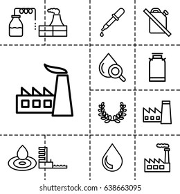 Oil icon. set of 13 outline oilicons such as canister, factory, pipette, water drop, drop under magnifier, harbor, drop, olive wreath