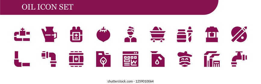  oil icon set. 18 filled oil icons. Simple modern icons about  - Pipe, Oil, Blood, Coconut, Artist, Mine, Pipette, Well, Palette, Pipeline, Pipes, Barrel, Fuel, Traffic, Gas, Factory