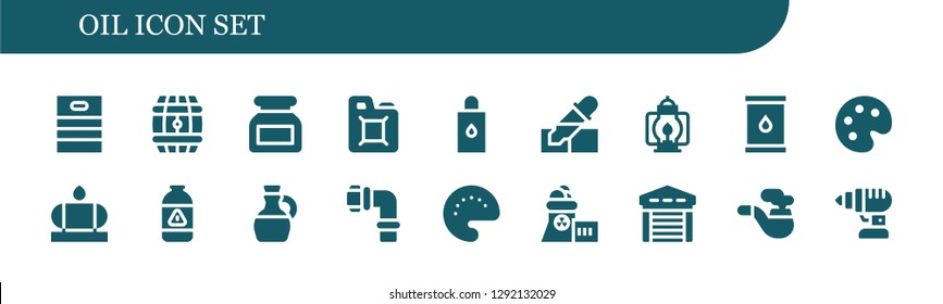  oil icon set. 18 filled oil icons. Simple modern icons about  - Barrel, Ink, Fuel, Body oil, Pipette, Lantern,  Palette, Water tank, Gas, Olive oil, Pipes, Nuclear plant