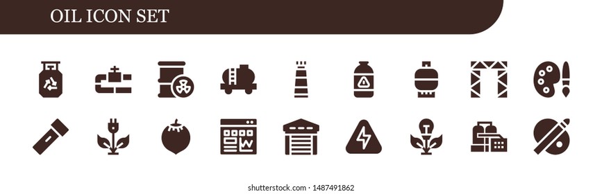oil icon set. 18 filled oil icons.  Simple modern icons about  - Gas, Pipe, Barrel, Tank, Paint tube, Rigging, Palette, Lantern, Green energy, Coconut, Traffic, Garage, Energy