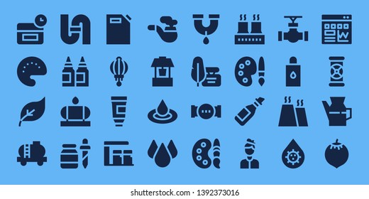 oil icon set. 32 filled oil icons. on blue background style Collection Of - Anti age, Palette, Green energy, Tank, Pipe, Inks, Water tank, Pipette, Gas can, Lantern, Paint tube