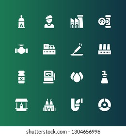 oil icon set. Collection of 16 filled oil icons included Color palette, Pipe, Factory, Well, Oil bottle, Drops, Gas pump, Paint tube, Incense, Manometer, Artist, Lantern