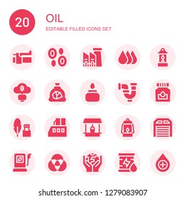 oil icon set. Collection of 20 filled oil icons included Brake, Blood, Factory, Drops, Lantern, Mining, Coal, Ink, Pipe, Well, Garage, Fuel, Palette, Ecology, Oil, Drop