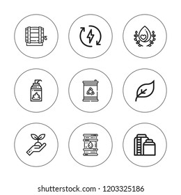 Oil icon set. collection of 9 outline oil icons with barrel, eco energy, ecologism, drop, green energy, lotion, petroleum icons. editable icons.