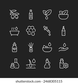 Oil icon set, white lines on black background. For cooking, cosmetics, household - olive, plant-based, aromatics. Containers and uses. Customizable line thickness