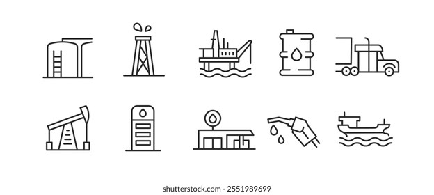 Iconos de aceite. 10 iconos mínimos de moda de la estación de petróleo. Ejemplos: gasolinera, aceite, combustible, gasolina, diesel. Por ofrecer diferentes Elementos de servicios de combustibles, extracción de petróleo, logística energética. Ilustración vectorial 