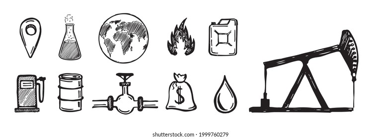 Iconos de petróleo - barril. Colección dibujada a mano aislada sobre fondo blanco. Ilustración vectorial.	