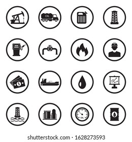 Oil Icons. Black Flat Design In Circle. Vector Illustration.