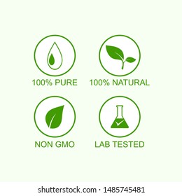oil icons set: 100% natural, non GMO, 100 % pure, lab tested