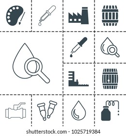 Oil icons. set of 13 editable filled and outline oil icons such as barrel, factory, harbor, drop under magnifier, pipette, drop, canister, palette