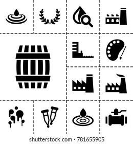 Oil icons. set of 13 editable filled oil icons such as barrel, factory, water drop, pump, drop under magnifier, pipette, harbor, olive wreath, blood