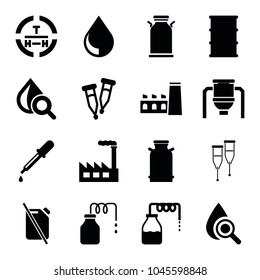 Oil icons. set of 16 editable filled oil icons such as canister, pipette, barrel, drop under magnifier, factory, drop, tank, no oil