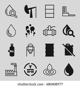 Oil icons set. set of 16 oil filled and outline icons such as barrel, drop under magnifier, cargo terminal, drop, blood, tank, water drop, pump, harbor