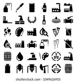Oil icons. set of 36 editable filled oil icons such as canister, tank, barrel, factory, pipette, pump, palette, drop under magnifier, cargo terminal, harbor, drop