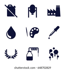 Oil icons set. set of 9 oil filled icons such as canister, tank, factory, pipette, drop, blood, olive wreath, no oil